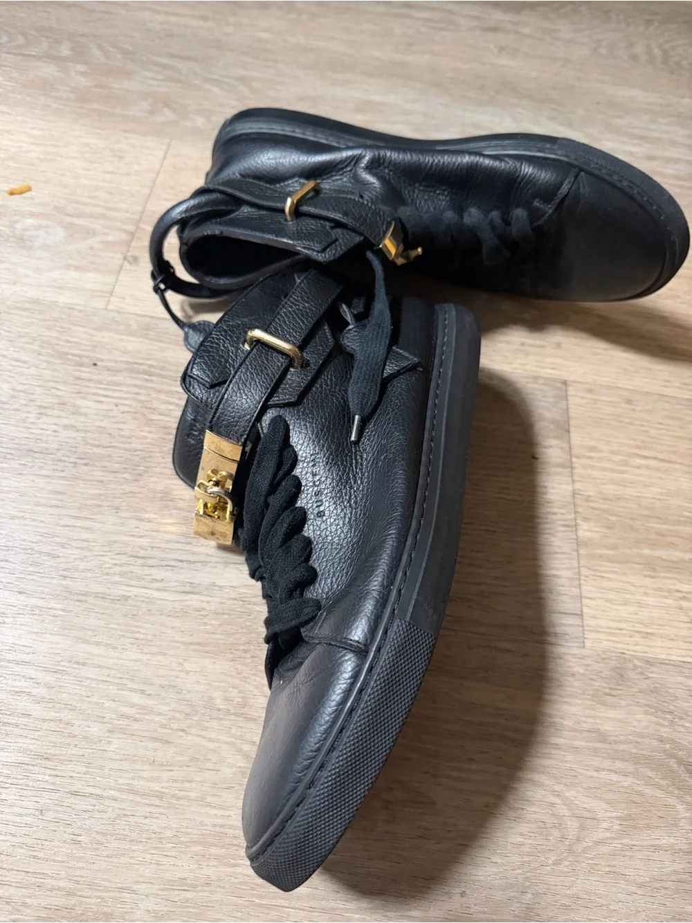 Buscemi Black Leather High-Top Sneakers with Gold Hardware